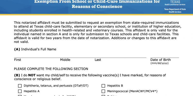 텍사스, 학교 백신 접종 면제 신청서 온라인 다운로드 허용