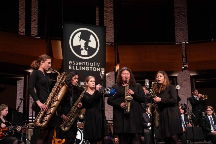 Directed by Chris Behrens, the Beloit Memorial High School band from Beloit, WI, performs at the Rose Theater on Friday, May 10, 2024. New York. The 29th Annual Essentially Ellington High School Jazz Band Competition and Festival. Jazz at Lincoln Center. Photo: Gilberto Tadday/Jazz at Lincoln Center.